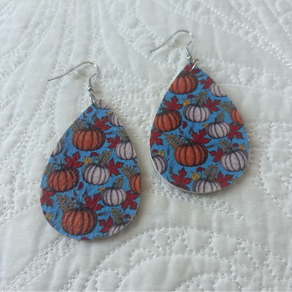 NEW Faux Leather Pumpkin Teardrop Earrings